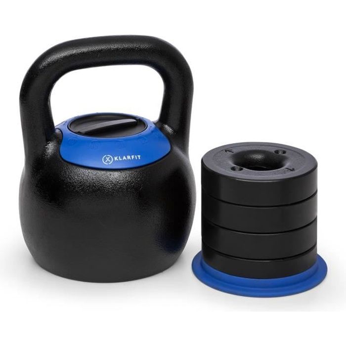 Klarfit Adjustabell Kettlebell réglable pour exercices de musculation - Poids de 16, 18, 20, 22, 24 kg - noir& bleu