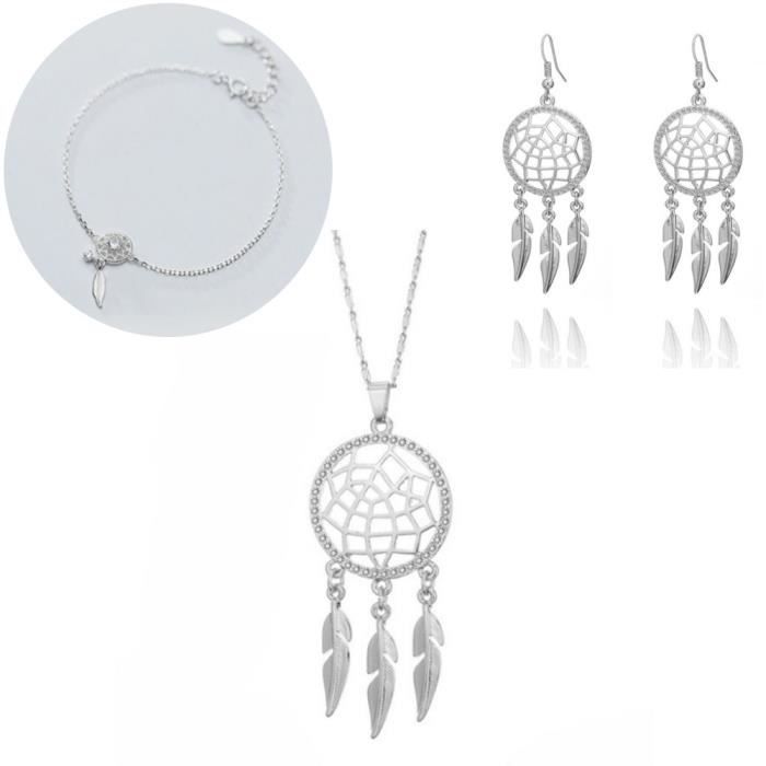 Parure Bijoux Collier Bracelet Boucles Attrape Rêve V2 Couleur Argent