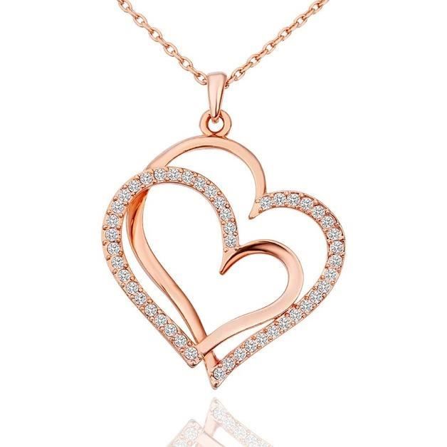 Collier Femme Grand Double Cœur Couleur Or Rose