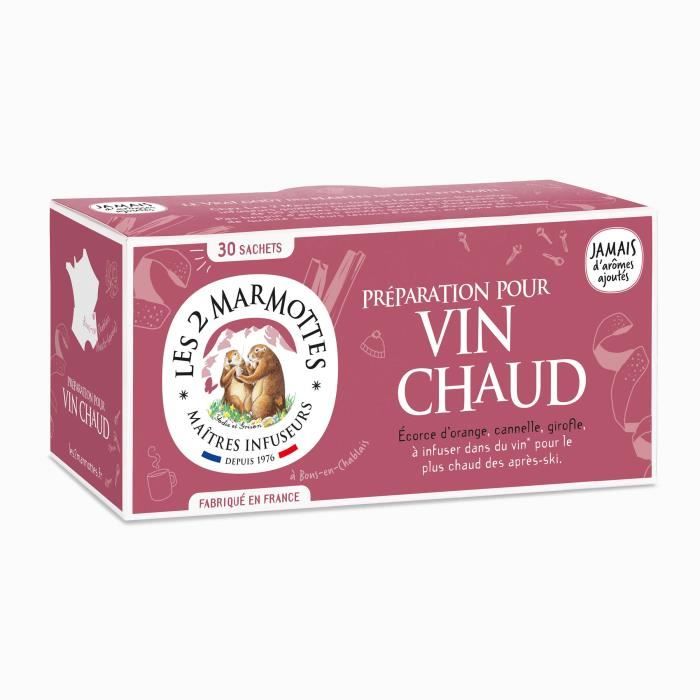 Les 2 Marmottes - Infusion Préparation Epices pour Vin Chaud 30 sachets - Écorce d'orange, cannelle, girofle - idéal après ski
