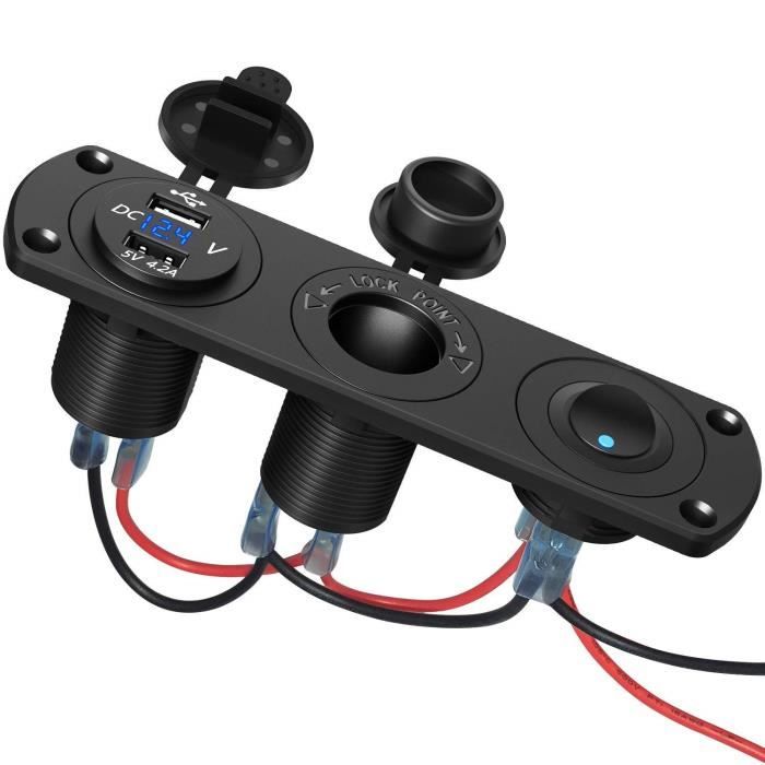 Double Prise de Chargeur de Voiture USB avec Prise Allume Cigare 12V, Voltmètre à LED et Commutateur Indépendant pour Véhicules.