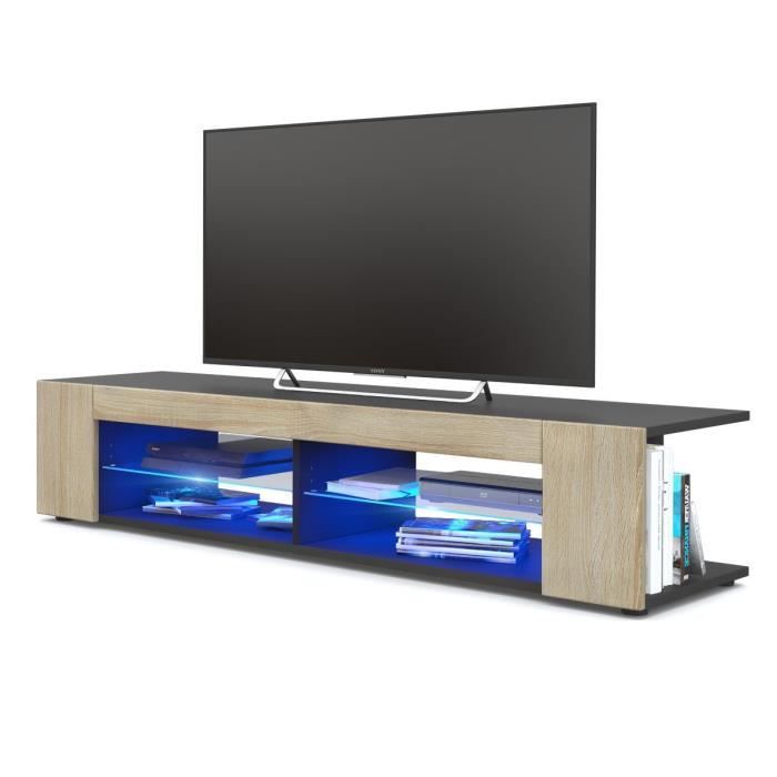 Meuble Tv corps Noir mat Façades en Chêne brut MDF led Bleu