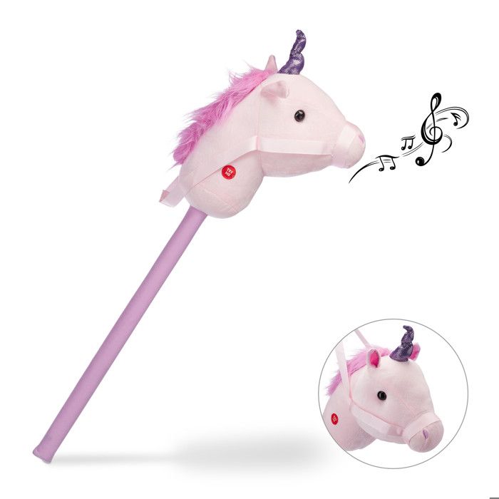 Relaxdays Cheval à bâton licorne enfants, son hennissements, bruits de sabots, jouet en bois, peluche jeu, 74 cm, rose -