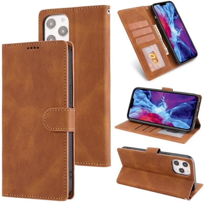 Étui iPhone 12 Pro, Portefeuille à Rabat Porte-Cartes en Cuir Housse Protection Simple Ultra-fin Support, Marron