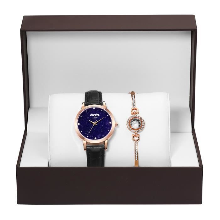 Coffret Montre Femme de marque SHARPHY Ciel étoilé étanche Bracelet Cuir Noir