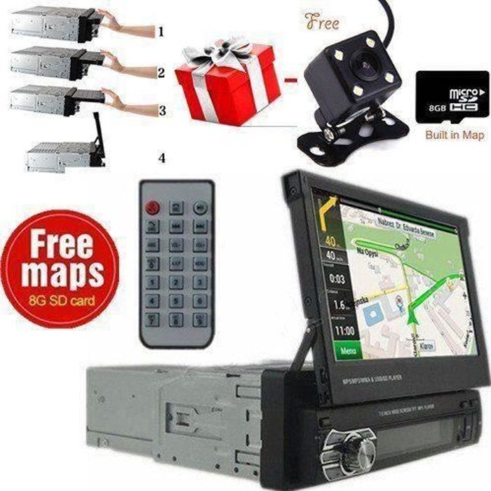 7- Autoradio GPS Bluetooth Navigation Voiture Stéréo Lecteur MP5 Contrôle de l'écran Tactile+Caméra de Recul+8 GB Carte SD