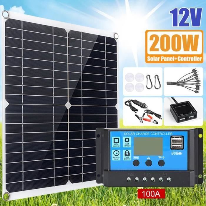 Kit Panneau Solaire 20W 12V Monocristallin Portable - Chargeur Voiture Bateau Camping-Car Avec Clips Et Accessoires