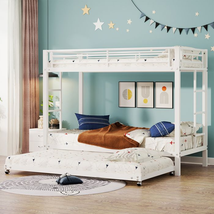 Lit superposé 90x200cm - Fer - Blanc - Garde-corps haut - Lit gigogne - Style industriel
