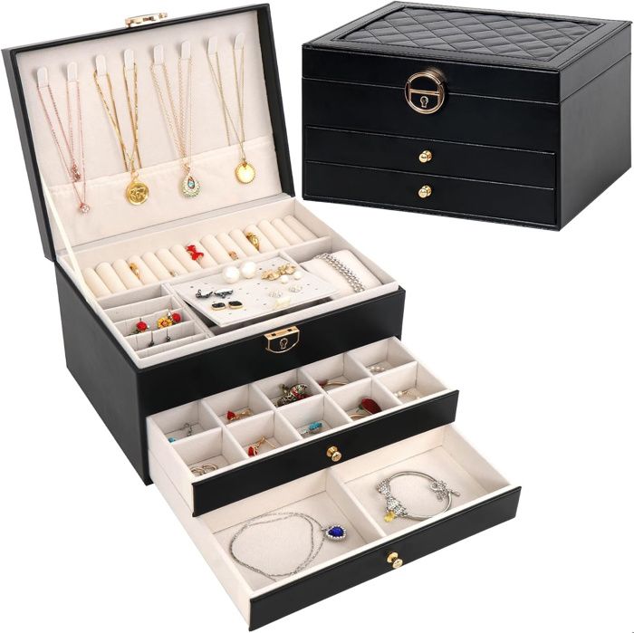 Boîte à Bijoux en PU Cuir Coffre 3 Niveaux Rangement Bijoux Verrouillable avec Clef pour Filles Ranger Bagues Colliers Montres