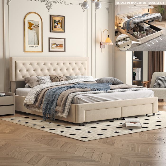 Lit 180x200 Cm Avec Sommier à Lattes Et Tiroir, Lit Rembourré