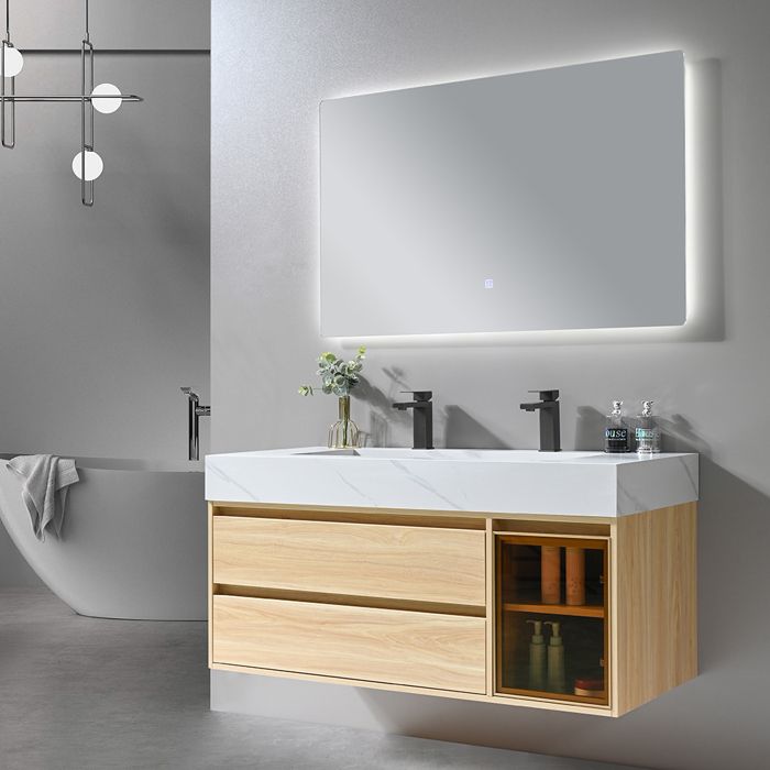 Meuble de salle de bain double vasque 120cm bois et blanc effet marbre avec miroir LED LB-8512 LuxuryBain-