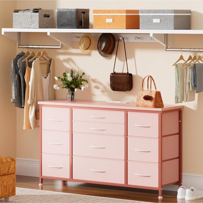 Commode de chambre - Meuble de rangement - 10 tiroirs en tissu - Rose - 121x39x70cm - Style industriel