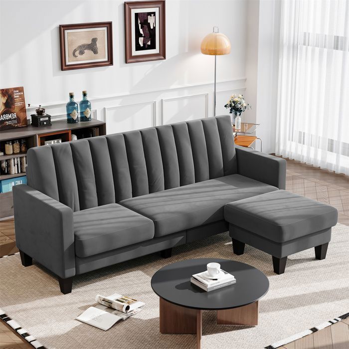 Canapé dangle réversible 3 places en velours GrisCanapé Scandinave avec Ottoman Repose-Pieds amovible pour le salon208×140×85cm