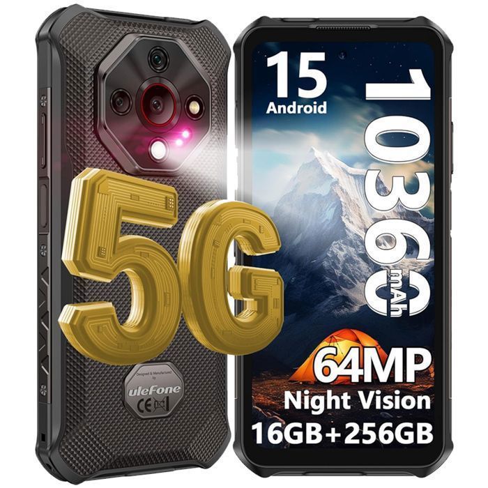 Telephone Portable Incassable 5G Ulefone Armor X16 Pro 16+256Go Écran 6.56 120Hz 10360mAh Smartphone Incassable 64MP/NFC/GPS Noir