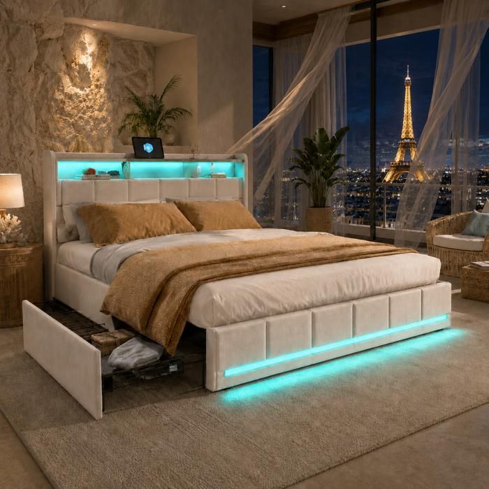 Lit double 160x200 cm avec rangementlin beige4 tiroirsports USB et Type-CLEDsommier à lattespour ados et adultes