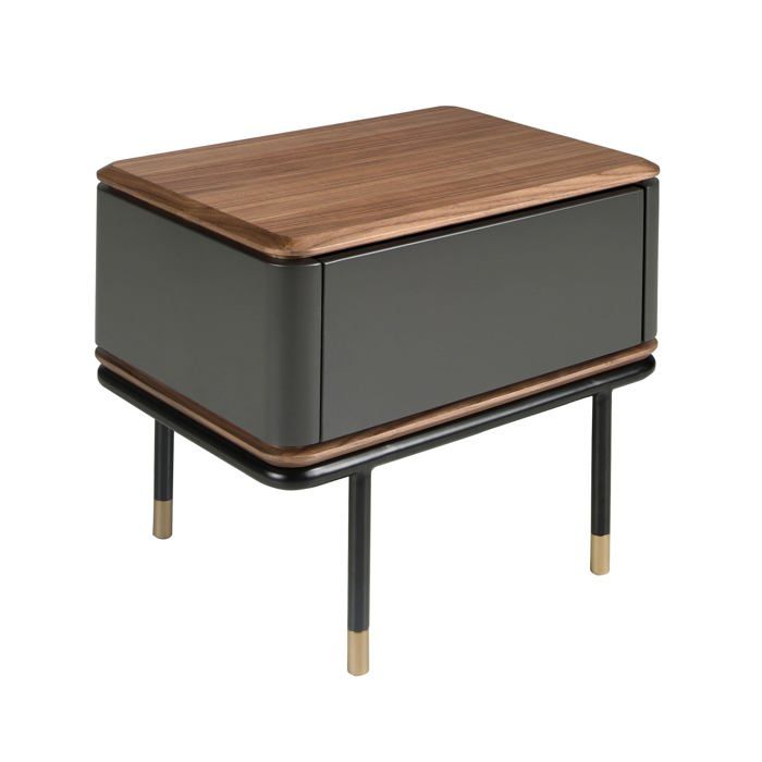 Table de chevet en bois gris foncé et noyer avec pieds en acier noir avec tiroir Push & Pull - 60 x 45 x 50 cm - 7170 ANGEL CERDA