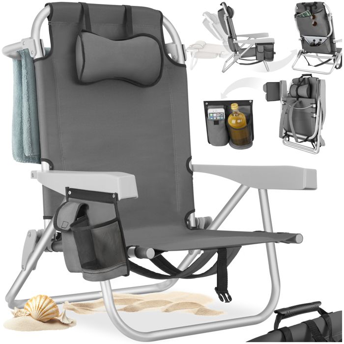 Chaise de plage - TECTAKE - Fauteuil de plage CORAL pliable dossier et appui-tête réglables avec fonction sac à dos - Gris