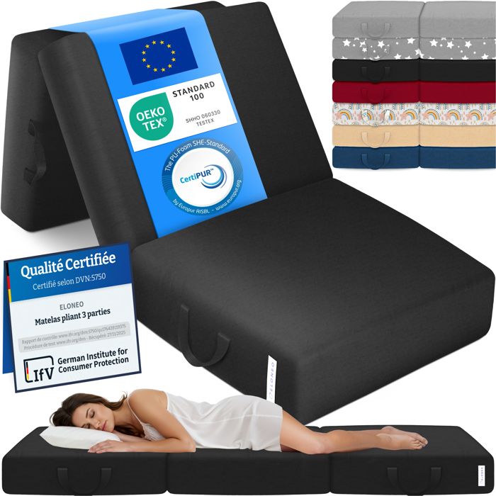 ELONEO Matelas Pliant 3 Parties Mousse Épaisse 15 cm Lavable Pour Adulte 90x200x15 cm noir