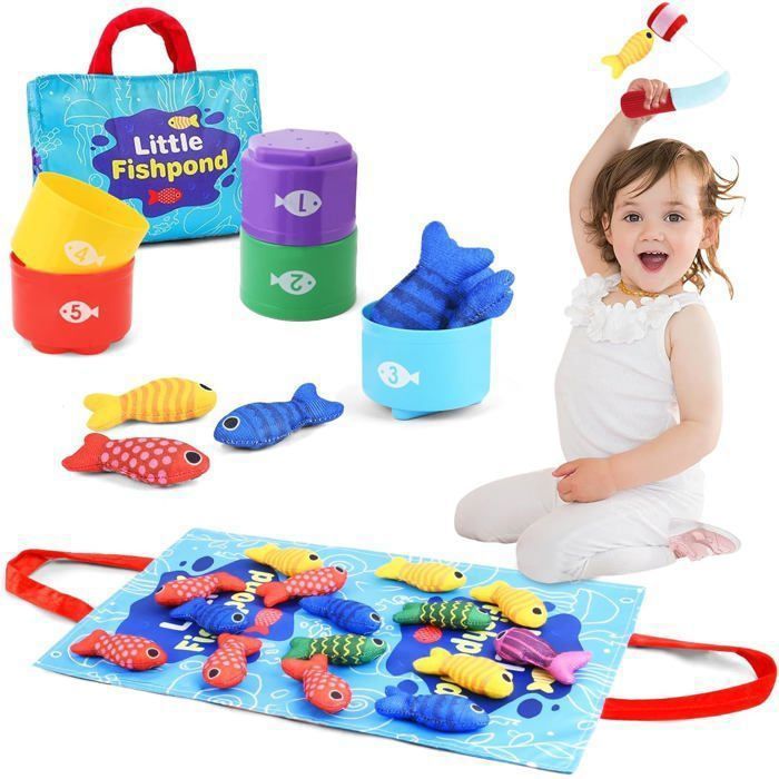 Rincalivestra Jeu De Pêche à La Ligne Montessori – 22 Pièces, Poissons En Feutre, Canne à Pêche, Seaux Et Tapis De Rangement, Pour Bébés De 1 à 3 Ans