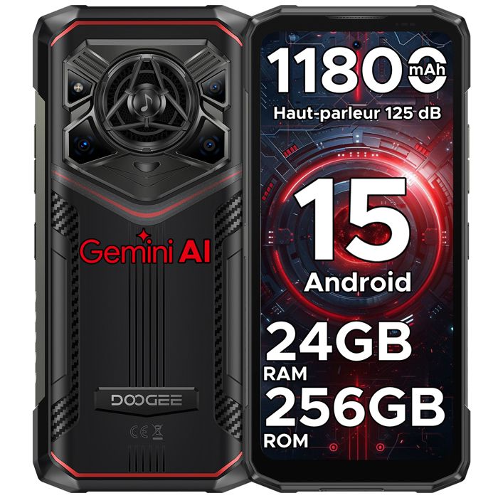 Smartphone Incassable DOOGEE Blade20 Pro - 11800mAh 6.6” HD+ Telephone Incassable Android 15 - 125dB - 24Go+256Go - 50MP+8MP- Rouge