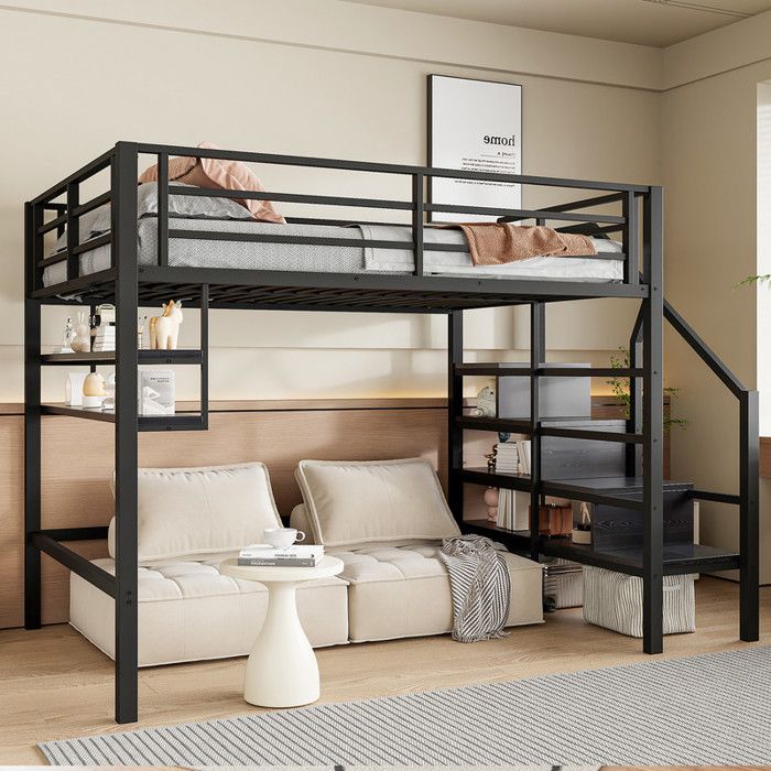 Lit Mezzanine Enfant 140x200cm avec éTagèRe et éChelle de Rangement Lit Simple avec BarrièRes Lit Enfant Double 2 en 1 Noir