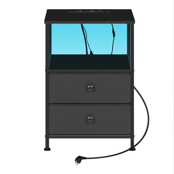 Table de Chevet avec Prises - WOLTU Table de Nuit LED - 2 Tiroirs en Tissu - Métal+MDF - Noir W0ITT7085