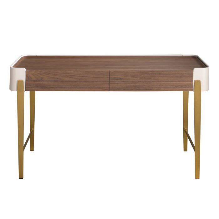 Bureau avec 2 tiroirs en bois plaqué noyer naturel MDF laqué beige et acier poli doré - 196 x 62 x 76 cm - 7186 ANGEL CERDA
