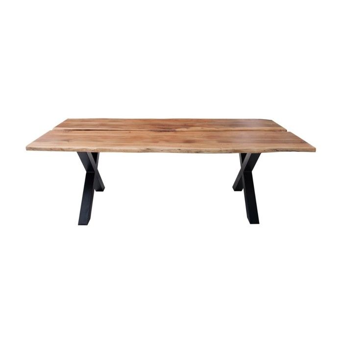 Table de salle à manger ORKAN – Bois massif dacacia verni et métal noir – 200 cm – Style industriel