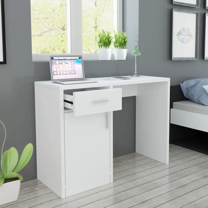 Bureau - vidaXL - Blanc - 100x40x73 cm - Tiroir et placard