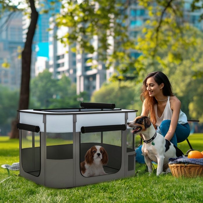 Parc enclos pliable pour chien chat petits animaux en tissu Oxford avec rangement 84 x 64 x 53 cm gris et noir