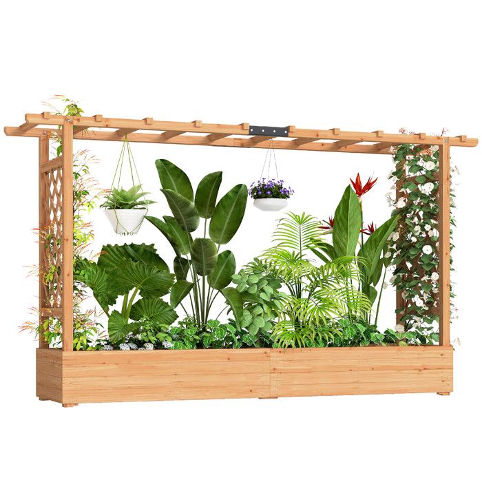 Jardinière surélevée - Outsunny - avec treillis latéral et supérieur trous de drainage - pour plantes grimpantes - bois naturel