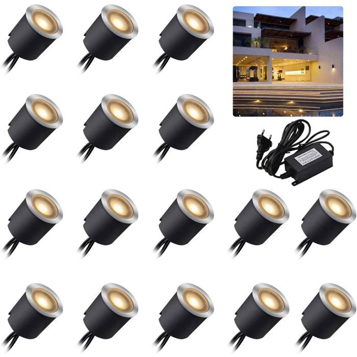 Lot de 16 spots LED encastrables - 12 V - Blanc chaud - IP67 - Étanche - 06 W - Diamètre : 32 mm - 2800 K