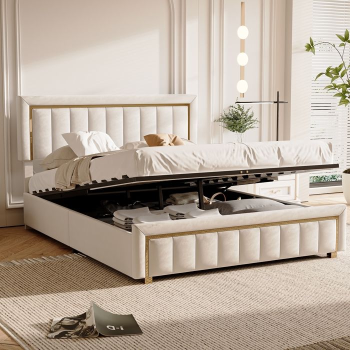 Structure de lit 140x190 avec sommier PERGAR design plaqué or style moderne beige velours