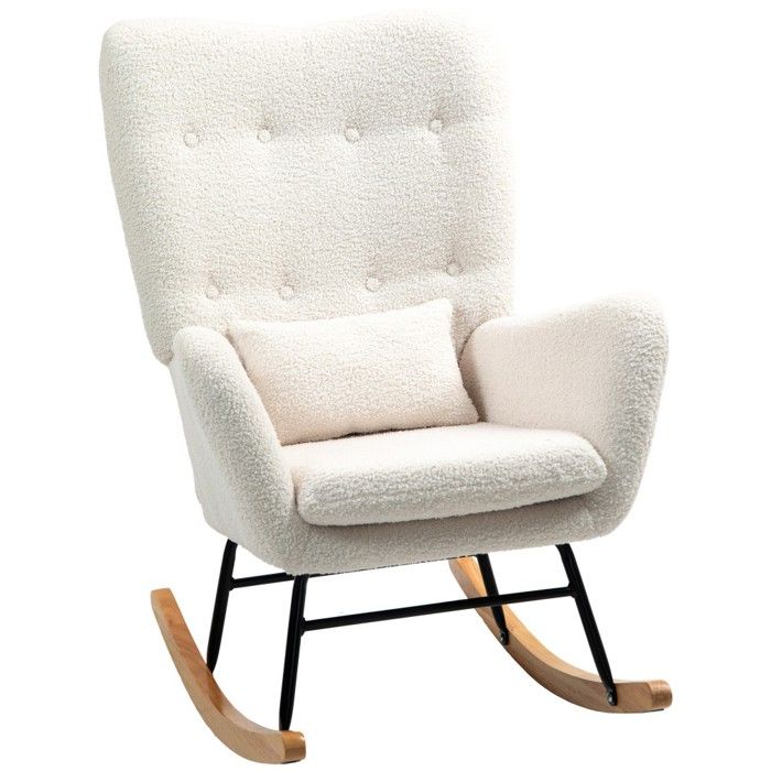 Fauteuil à Bascule Peluche Blanc Crème - Pivotant Relax avec Accoudoirs et Coussin Lombaire - Salon Chambre Allaitement