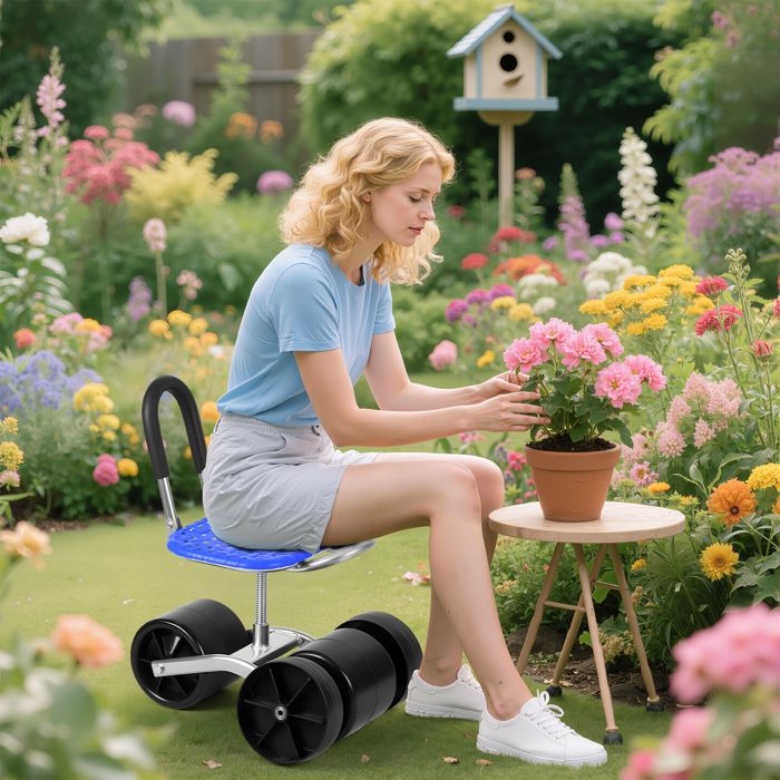 FLASIDU Brouette de Jardin 3 Roues Hauteur Réglable pliable Siège Pivotant Chariot de Jardin Charge 150KG Bleu 47x31x60cm