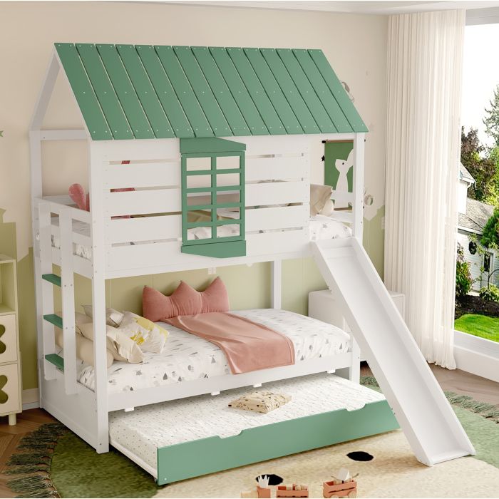 Lit enfant superposé cabane 90x190/200 cm avec toboggan et lit gigogne. barrières de sécurité. bois blanc/vert