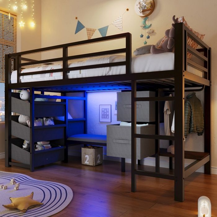 Lit mezzanine enfant 90×200 cm Lit mi-hauteur métal avec éclairage LED 6 tiroirs en tissu penderie et sommier à lattes - noir