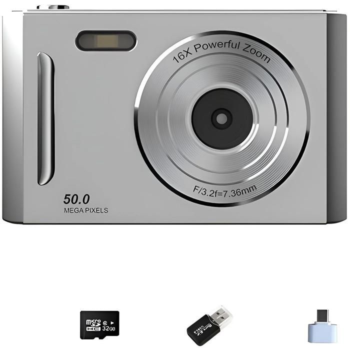 Appareil photo numérique 1080p 32 Go zoom OTG écran HD 24 pouces adapté aux débutants argent