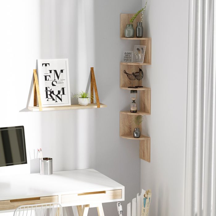 Étagère dangle - AKOZON - 6504 - Design zigzag - 5 niveaux - Bois chêne clair 20x20x126 cm