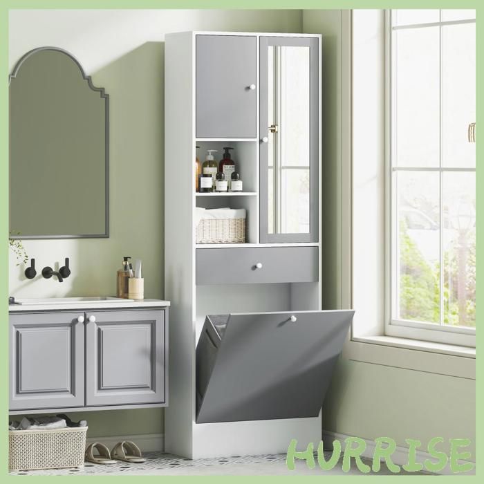 Cocosity Meuble De Salle De Bain Avec Panier À Linge Et Miroir Étagère Réglable 62 X 28 3 X 181 Cm Gris Et Blanc