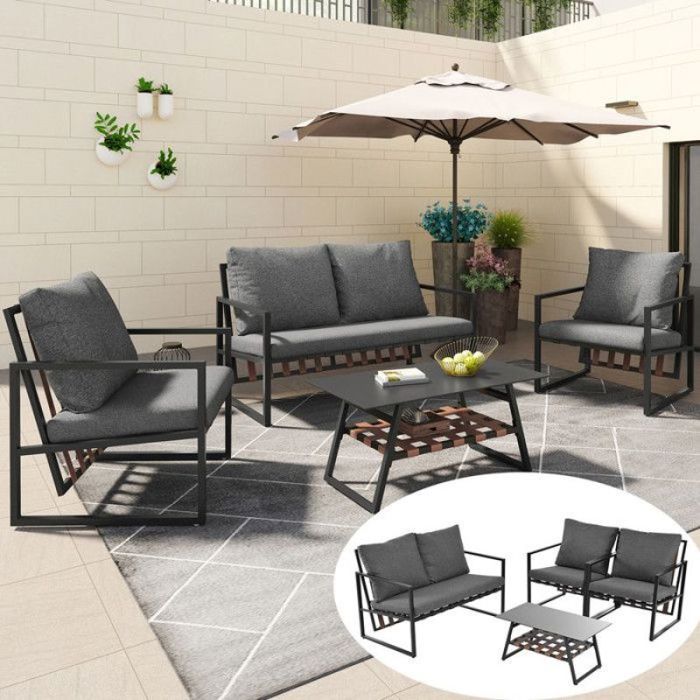 Salon de jardin extérieur 4 places ensemble complet avec coussins amovibles table basse et matériau PVC durab SALON BAS DE JARDIN