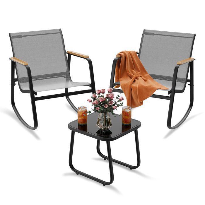 Salon de Jardin - Bealife - 2 Personnes - 1 Table Verre Trempé - 2 Fauteuils Bascule - Accoudoir Bois - Cadre Métal - Teslin Gris
