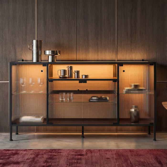 Buffet vitré FUFU&GAGA avec 4 portes et compartiments éclairage LED 3 couleurs intégré verre trempé 140x40x80 Salon et Chambre