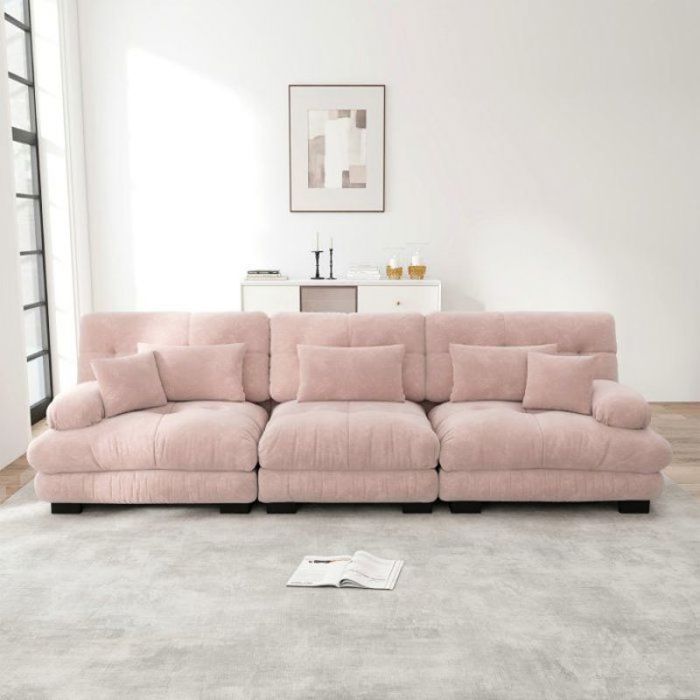 Canapé dangle modulable 3 places - Chenille vintage rose - Assise en forme de nuage - Mousse haute résilience