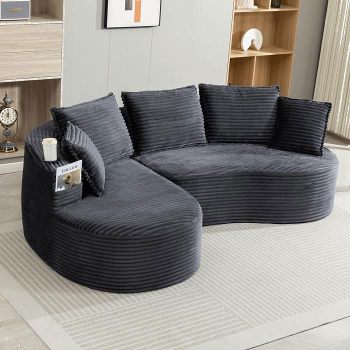 Canapé incurvé - LEMONBEST - 250 x 152 x 82 cm - Velours côtelé gris - Porte-gobelets & poches - Assise moelleuse