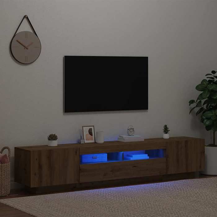 Meuble TV tendance et pratique - Table TV SALON - avec lumières LED - chêne artisanal bois dingénierie - (200x35x40 cm) 6Se20y