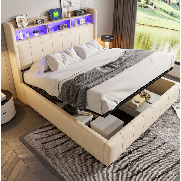 Lit rembourré 160x200 cm avec LED RGB et coffre de rangement - ELVMI - en lin beige sommier à lattes