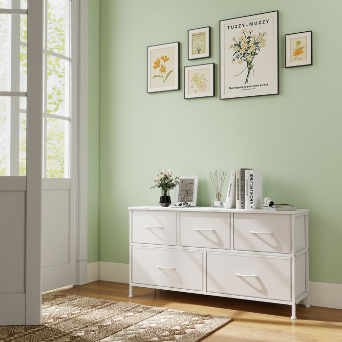 Commode de Chambre 5 Tiroirs en Tissu Non-tissé Blanc