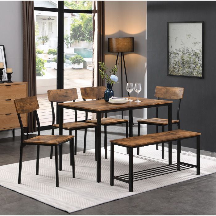 MEUVYX Ensemble table à manger 6 places avec 4 chaises et banc style industriel panneau PVC et acier marron et noir
