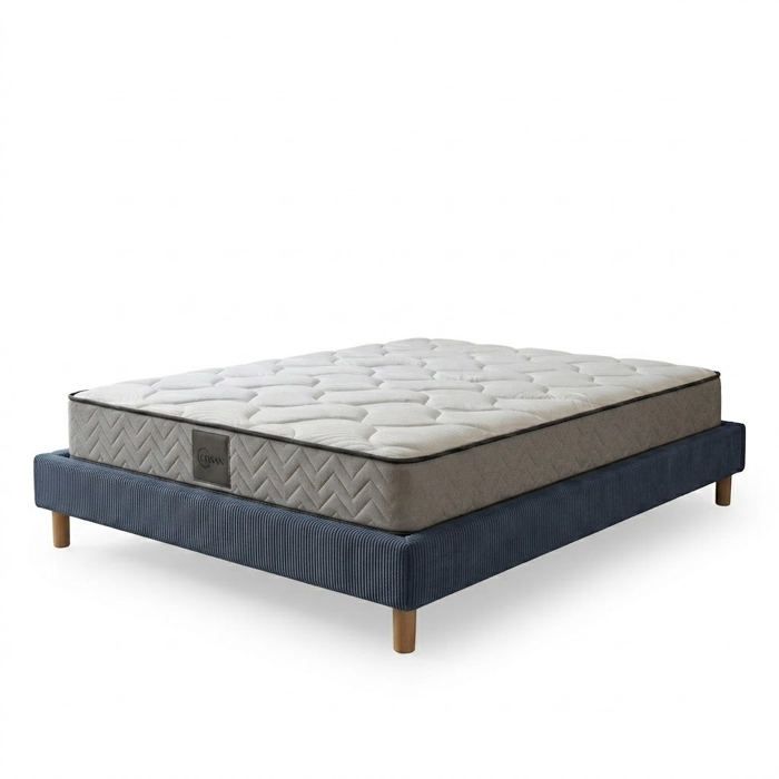 Ensemble literie - SAMPUR - Cosmos - Velours côtelé bleu nuit - 160x200 cm - Matelas mémoire 21 cm